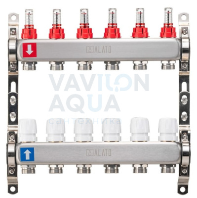 Коллектор ALATO с расходомерами, обратный с отсечными клапанами, 2 кронштейна 1"x3/4"x6-вых