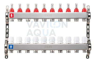 Коллектор ALATO с расходомерами, обратный с отсечными клапанами, 2 кронштейна 1"x3/4"x10-вых
