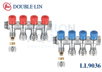 Коллектор Double Lin с регулирующими клапанами и евроконусом (к) 3/4",  3 выхода 1/2" (1/3/30)