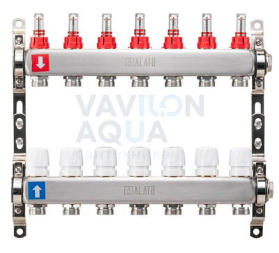 Коллектор ALATO с расходомерами, обратный с отсечными клапанами, 2 кронштейна 1"x3/4"x7-вых