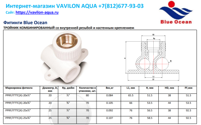 Тройник комби с настенным креплением Blue Ocean 25 х 3/4" (вн) (70шт/кор)