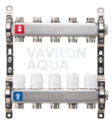 Коллектор ALATO с запорными вентилями, обратный с отсечными клапанами, 2 кронштейна 1"x3/4"x5-вых