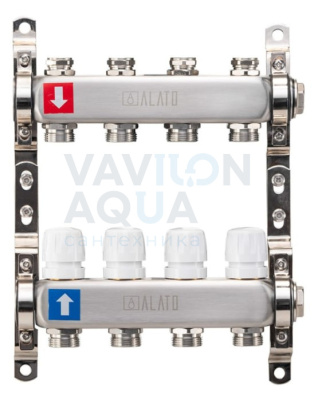 Коллектор ALATO с запорными вентилями, обратный с отсечными клапанами, 2 кронштейна 1"x3/4"x4-вых