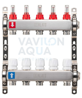 Коллектор ALATO с расходомерами, обратный с отсечными клапанами, 2 кронштейна 1"x3/4"x5-вых