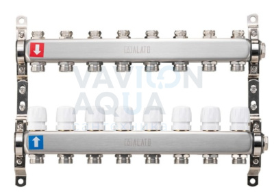 Коллектор ALATO с запорными вентилями, обратный с отсечными клапанами, 2 кронштейна 1"x3/4"x8-вых