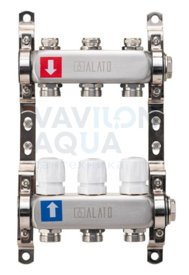 Коллектор ALATO с запорными вентилями, обратный с отсечными клапанами, 2 кронштейна 1"x3/4"x3-вых