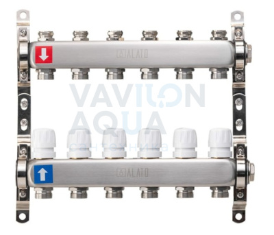 Коллектор ALATO с запорными вентилями, обратный с отсечными клапанами, 2 кронштейна 1"x3/4"x6-вых