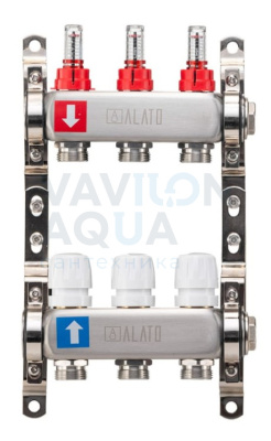 Коллектор ALATO с расходомерами, обратный с отсечными клапанами, 2 кронштейна 1"x3/4"x3-вых