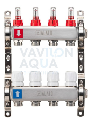 Коллектор ALATO с расходомерами, обратный с отсечными клапанами, 2 кронштейна 1"x3/4"x4-вых