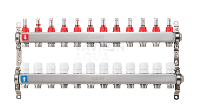 Коллектор ALATO с расходомерами, обратный с отсечными клапанами, 2 кронштейна 1"x3/4"x12-вых