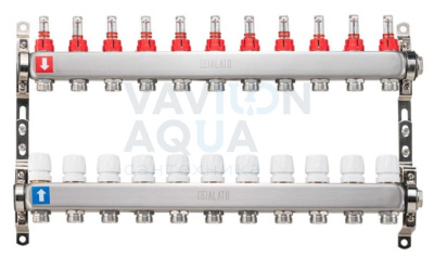 Коллектор ALATO с расходомерами, обратный с отсечными клапанами, 2 кронштейна 1"x3/4"x11-вых